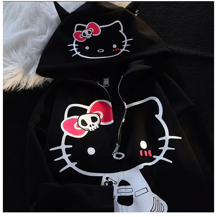 Hello Kitty Kawaii Sanrio Sweet Cool Devil Horns Skull Bow Jacket Hoodie