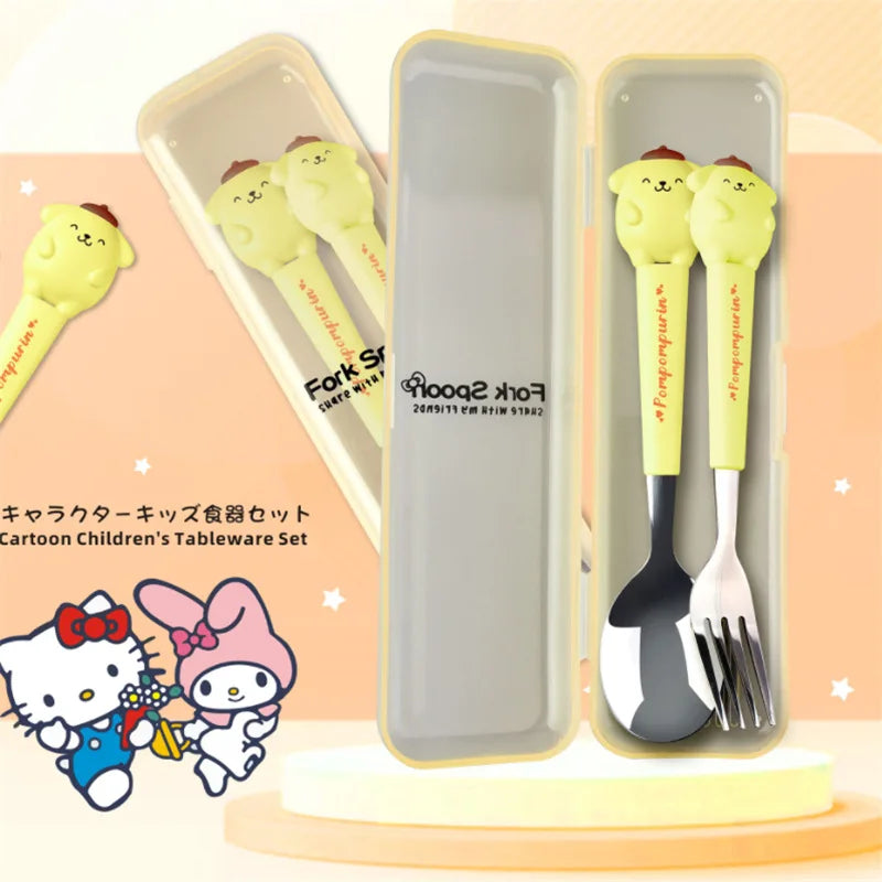 Sanrio Children Tableware Hello Kitty Melody Kuromi Silicone Handle Tableware Two-piece Set Cinnamoroll Fork Spoon Kids