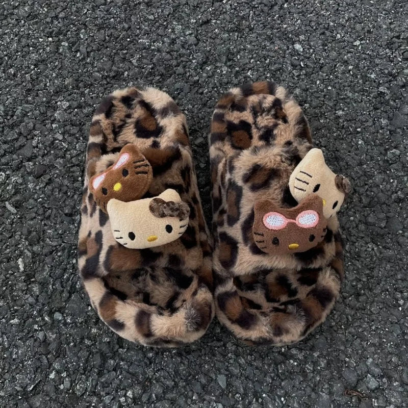 Hello Kitty Leopard Print Plush Slippers