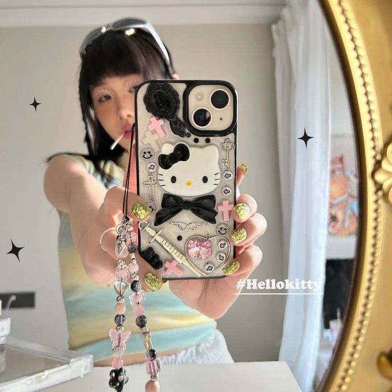 Hello Kitty Kawaii Cute 3D Y2K Transparent Phone Case With Lanyard