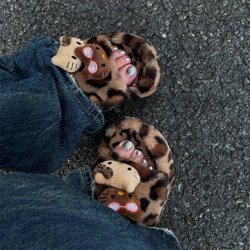 Hello Kitty Leopard Print Plush Slippers