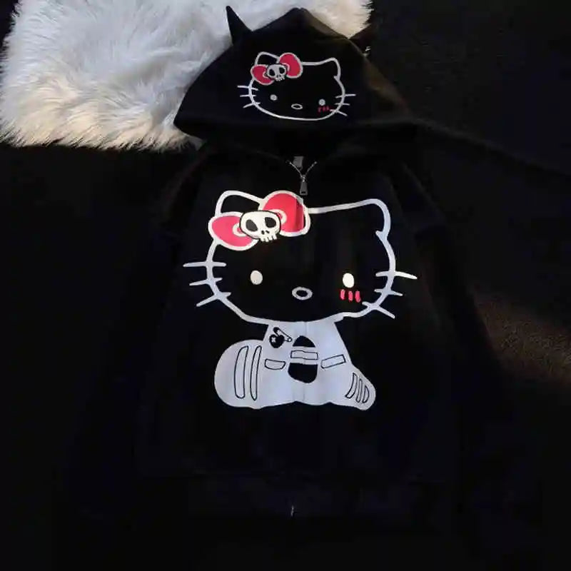 Hello Kitty Kawaii Sanrio Sweet Cool Devil Horns Skull Bow Jacket Hoodie