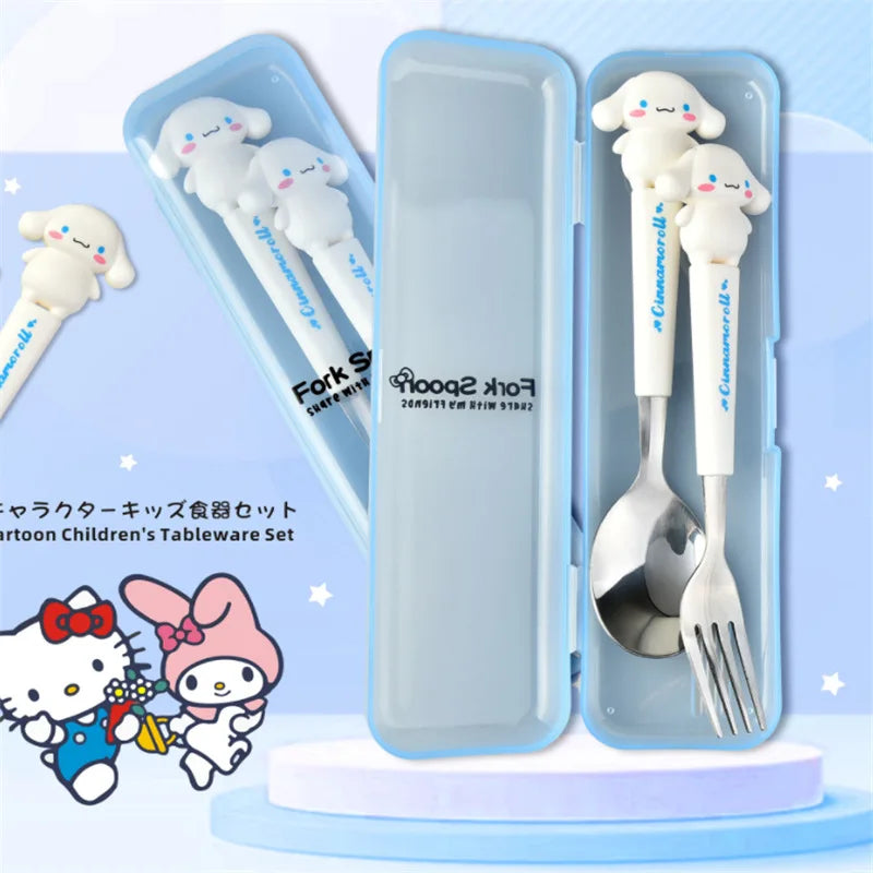 Sanrio Children Tableware Hello Kitty Melody Kuromi Silicone Handle Tableware Two-piece Set Cinnamoroll Fork Spoon Kids