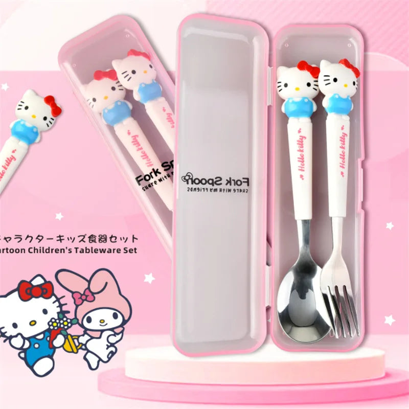 Sanrio Children Tableware Hello Kitty Melody Kuromi Silicone Handle Tableware Two-piece Set Cinnamoroll Fork Spoon Kids