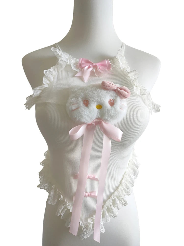 Hello Kitty Kawaii Bow Lace Trim Cute Crop Top