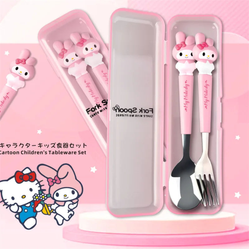 Sanrio Children Tableware Hello Kitty Melody Kuromi Silicone Handle Tableware Two-piece Set Cinnamoroll Fork Spoon Kids