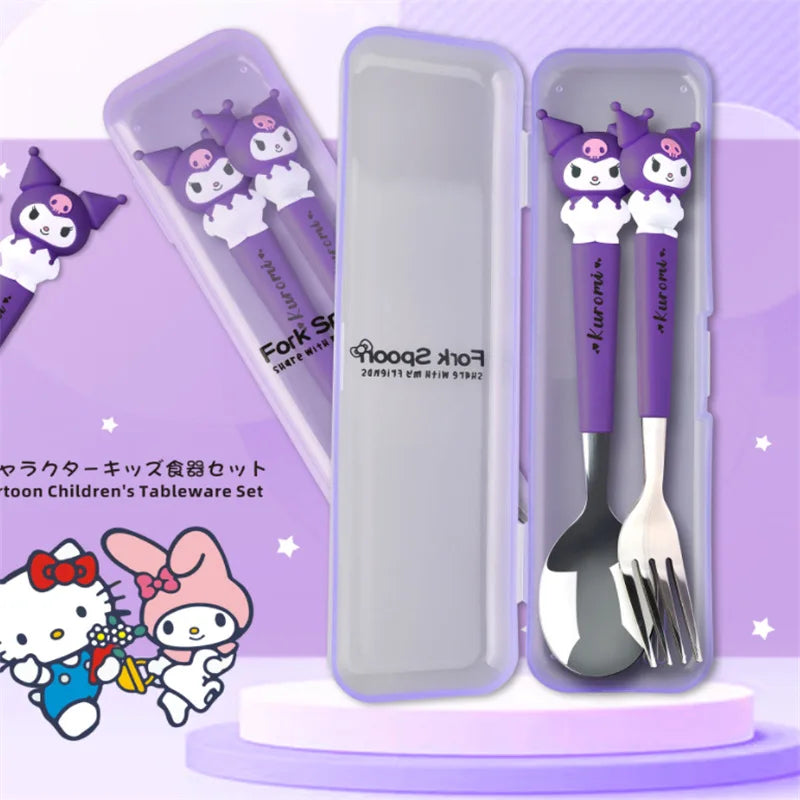 Sanrio Children Tableware Hello Kitty Melody Kuromi Silicone Handle Tableware Two-piece Set Cinnamoroll Fork Spoon Kids