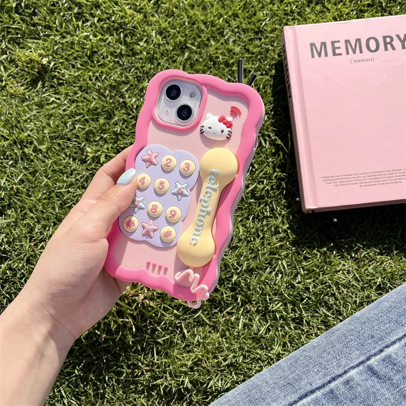 Hello Kitty Kawaii Pink Purple Yellow Pastel Telephone Cellphone Shape Style Silicone Phone Case